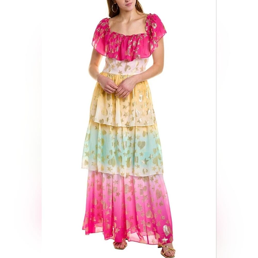 LoveShackFancy Vynne Maxi Dress Surfer Fuchsia Light Ombre Metallic Burnout US2